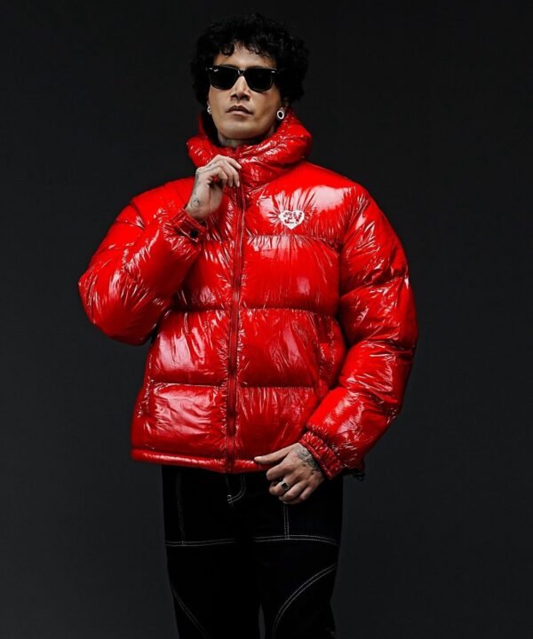 Red shiny puffer jacket