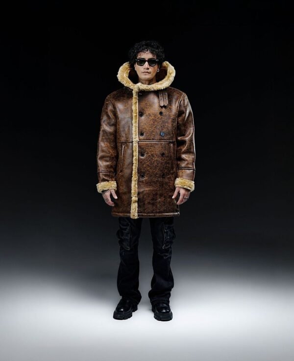 Brown leather fur collar jacket