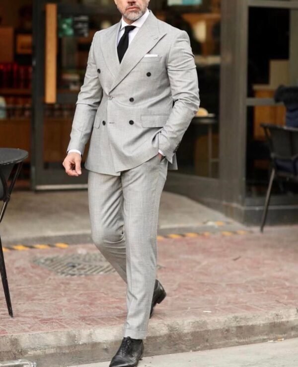 Modern Light Grey Double-Breasted Slim Fit Suit for Men