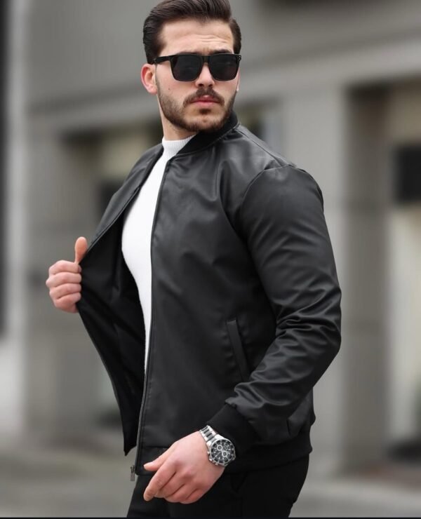 Men’s Premium Black Faux Leather Bomber Jacket – Modern Fit
