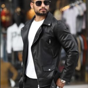 Men’s Classic Faux Leather Biker Jacket – Asymmetrical Zipper with Belted Waist