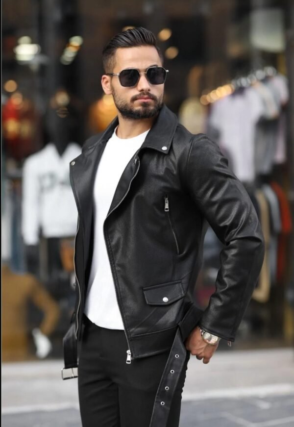 Men’s Classic Faux Leather Biker Jacket – Asymmetrical Zipper with Belted Waist