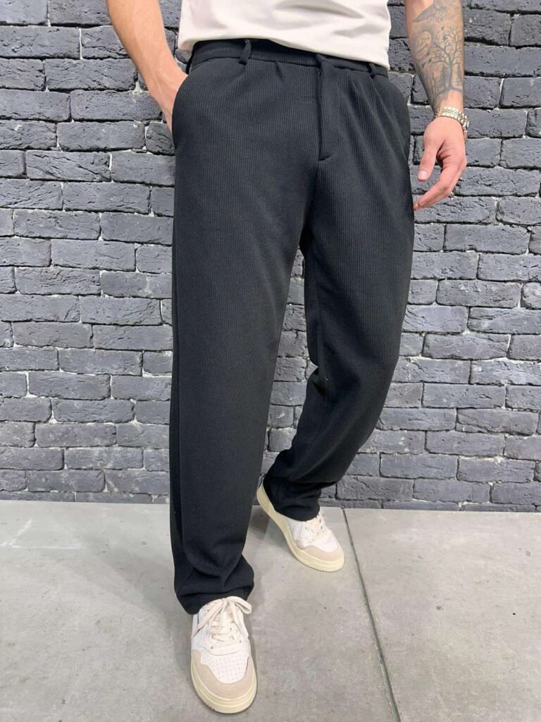 Men’s Black Relaxed Fit Ribbed Trousers