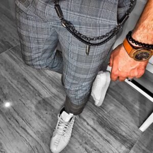 Men’s Checkered Slim Fit Trousers with Chain Detail
