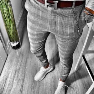 Men’s Light Prince of Wales Check Trousers with Chain Detail