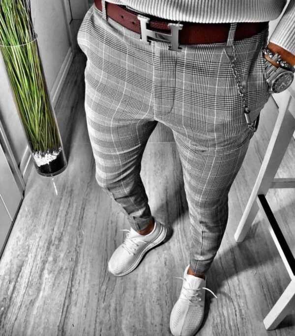 Men’s Light Prince of Wales Check Trousers with Chain Detail