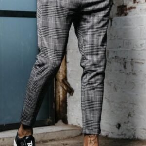 Urban Gray Tartan Slim-Fit Trousers with White Velcro Sneakers