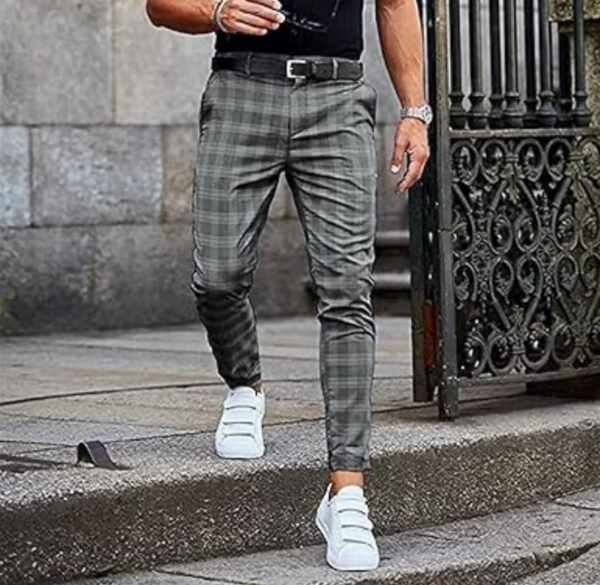 Urban Gray Tartan Slim-Fit Trousers with White Velcro Sneakers