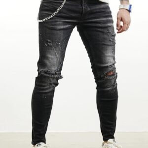 Ripped Spray-Wash Skinny Jeans with Chain Detail