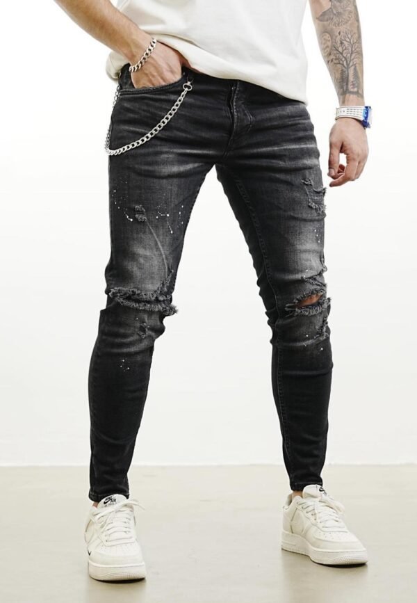 Ripped Spray-Wash Skinny Jeans with Chain Detail