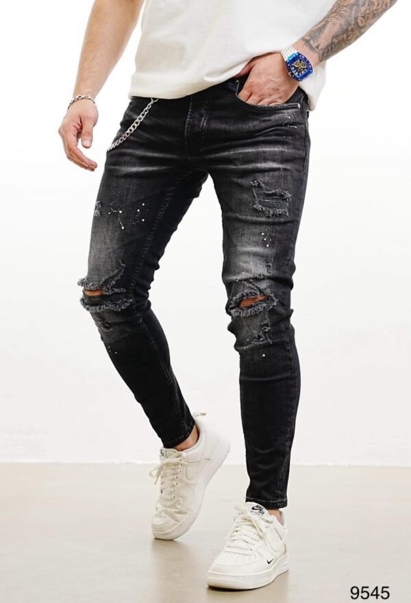 Ripped Spray-Wash Skinny Jeans with Chain Detail