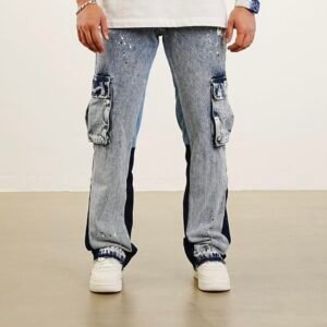 Men's Two-Tone Cargo Jeans – Paint Splatter & Utility Pocket Detail