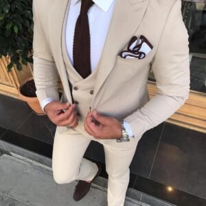Men’s Tailored 3-Piece Suit – Beige Slim Fit with Double-Breasted Waistcoat