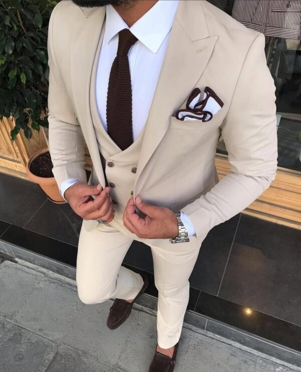 Men’s Tailored 3-Piece Suit – Beige Slim Fit with Double-Breasted Waistcoat
