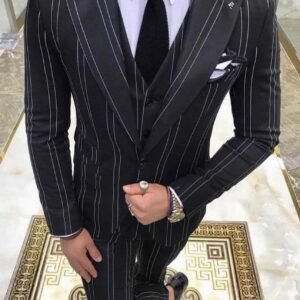 Elegant Men's Black Pinstripe Three-Piece Suit - Formal Business Attire