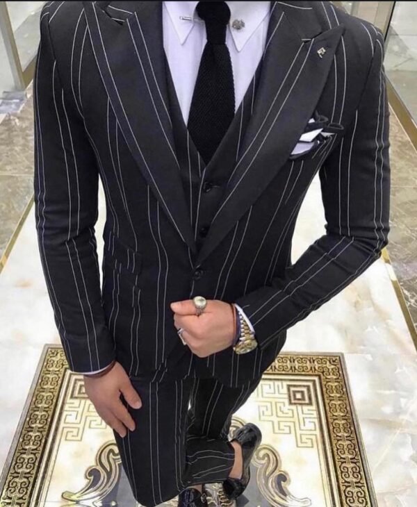 Elegant Men's Black Pinstripe Three-Piece Suit - Formal Business Attire
