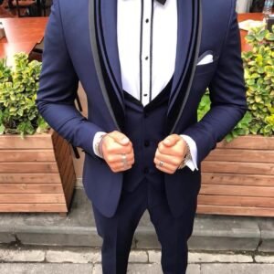Men’s Slim Fit Navy Blue Tuxedo Suit with Black Satin Lapel – 3 Piece Formal Set