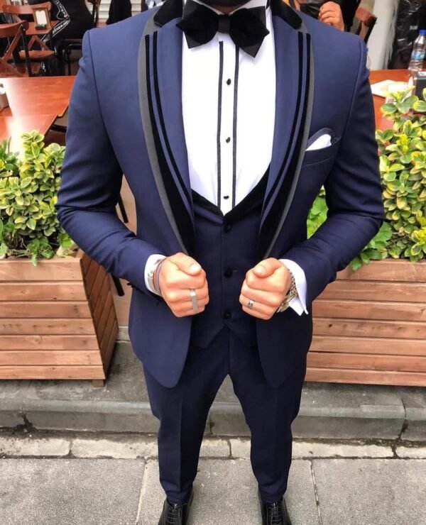 Men’s Slim Fit Navy Blue Tuxedo Suit with Black Satin Lapel – 3 Piece Formal Set
