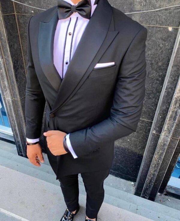 Men's Black Tuxedo with Satin Lapels and Bow Tie – Timeless Formal Elegance