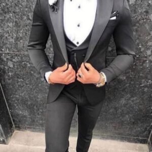 Men’s Elegant Charcoal Black Tuxedo Suit – 3 Piece Slim Fit Formal Set with Subtle Shine