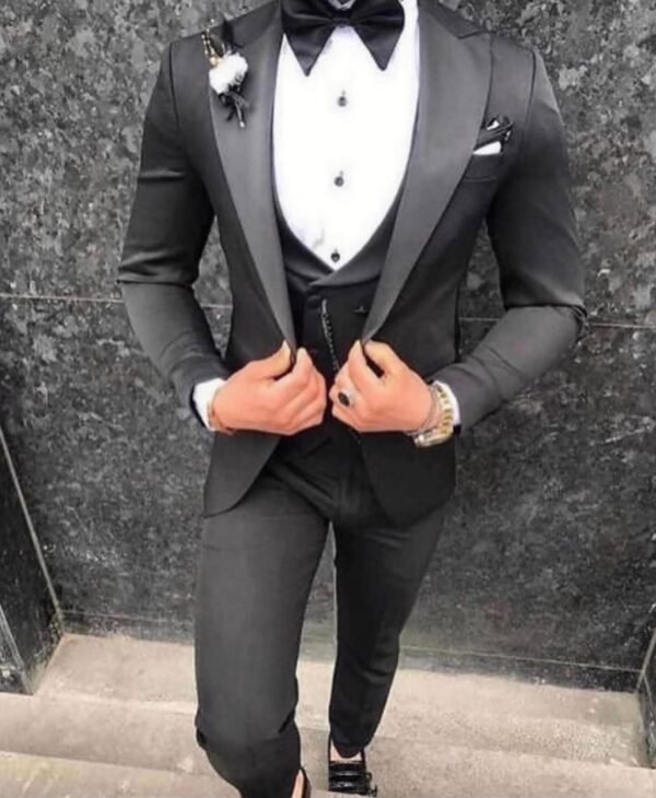 Men’s Elegant Charcoal Black Tuxedo Suit – 3 Piece Slim Fit Formal Set with Subtle Shine