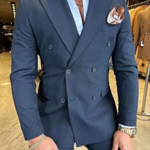 Men's Double-Breasted Navy Blue Suit with Elegant Gold Accessories