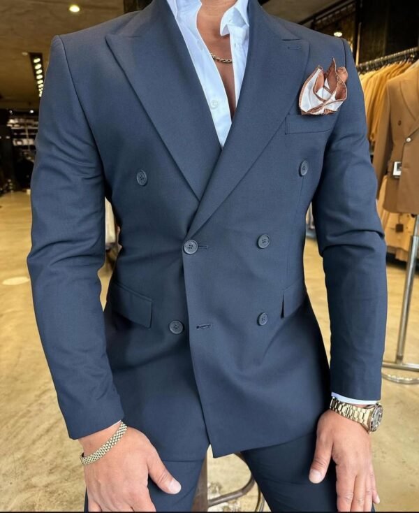 Men's Double-Breasted Navy Blue Suit with Elegant Gold Accessories