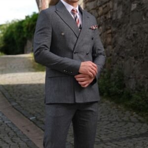 Classic Double-Breasted Pinstripe Suit - Grey