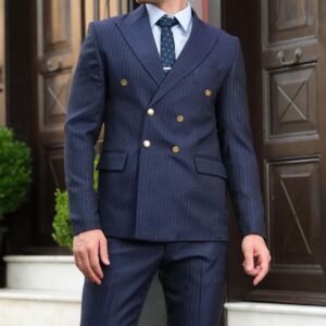 Luxury Double-Breasted Pinstripe Suit with Gold Buttons - Navy Blue