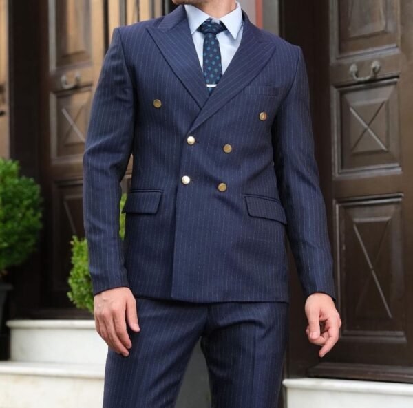 Luxury Double-Breasted Pinstripe Suit with Gold Buttons - Navy Blue
