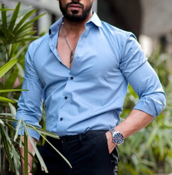 Men’s Slim Fit Sky Blue Stretch Dress Shirt – Smart Casual Essential