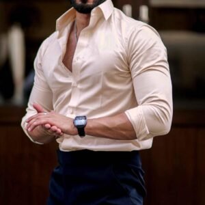 Men’s Slim Fit Cream Beige Dress Shirt – Classic Elegance, Long Sleeve