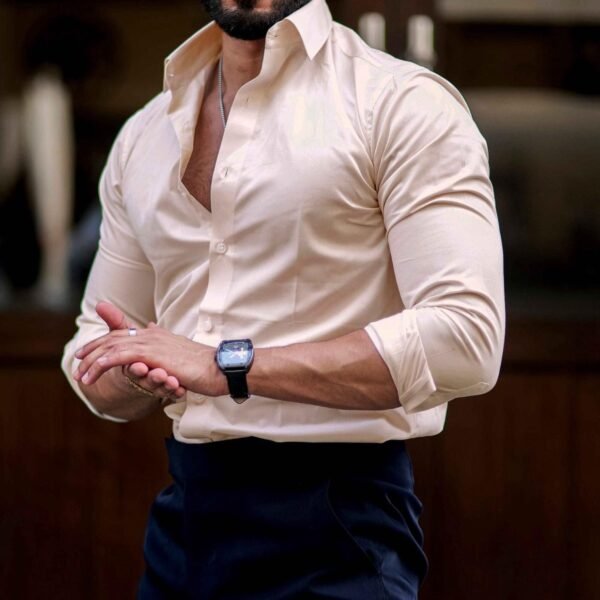 Men’s Slim Fit Cream Beige Dress Shirt – Classic Elegance, Long Sleeve