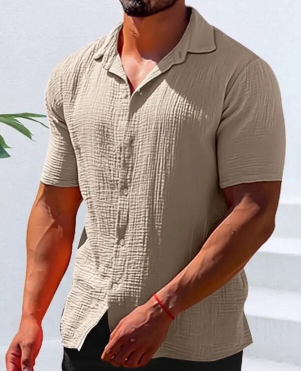 Men’s Casual Short Sleeve Crinkle Cotton Shirt – Sand Beige