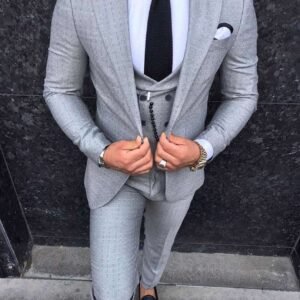 Men’s Light Grey 3-Piece Suit – Subtle Stripe Prestige