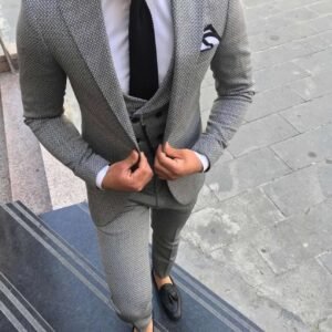 Men’s Textured Grey 3-Piece Suit – Luxe Pattern Edition
