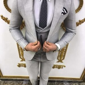 Men’s Light Grey Checkered 3-Piece Suit – Luxe Grid Edition