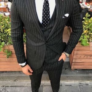 Men’s Black Pinstripe 3-Piece Suit – Power Pin Elegance