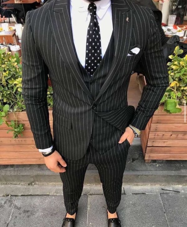 Men’s Black Pinstripe 3-Piece Suit – Power Pin Elegance