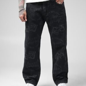 Black Graffiti-Print Loose Fit Jeans – Street Art Edition