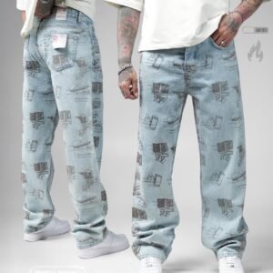 Light Blue Graphic Print Denim Jeans – “Gallery” Streetwear Edition