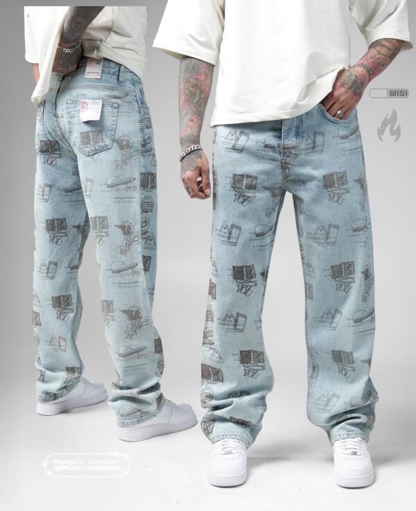 Light Blue Graphic Print Denim Jeans – “Gallery” Streetwear Edition