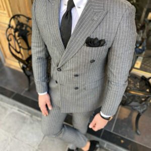 Men’s Grey Pinstripe Double-Breasted Suit Set