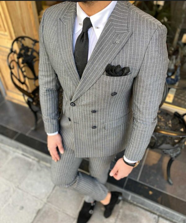 Men’s Grey Pinstripe Double-Breasted Suit Set