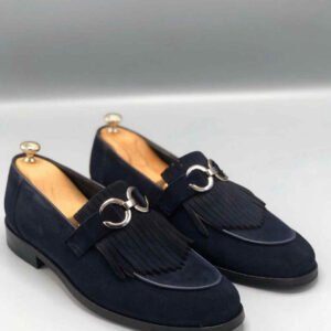 Men’s Navy Blue Suede Loafers with Tassel Fringe & Metal Bit