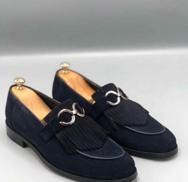 Men’s Navy Blue Suede Loafers with Tassel Fringe & Metal Bit