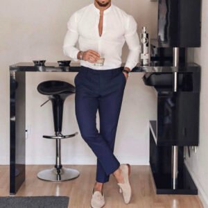 Men’s Smart-Casual Ensemble – White Mandarin Collar Shirt & Navy Tailored Trousers