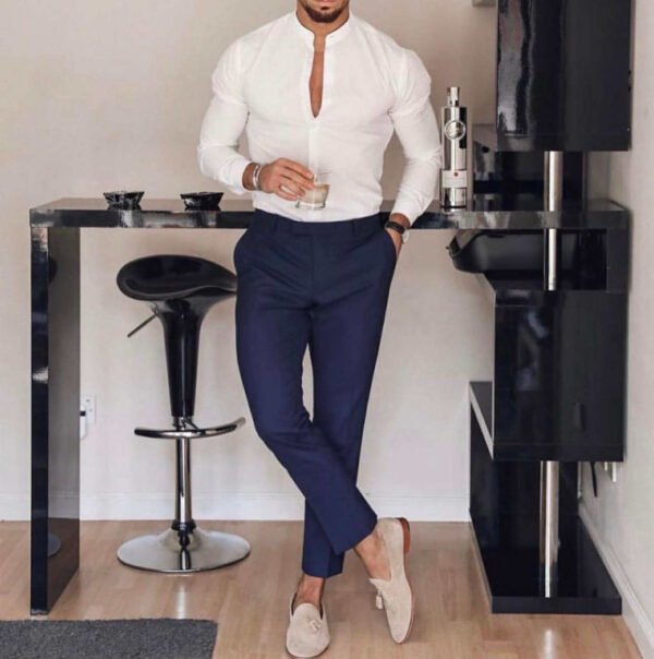 Men’s Smart-Casual Ensemble – White Mandarin Collar Shirt & Navy Tailored Trousers