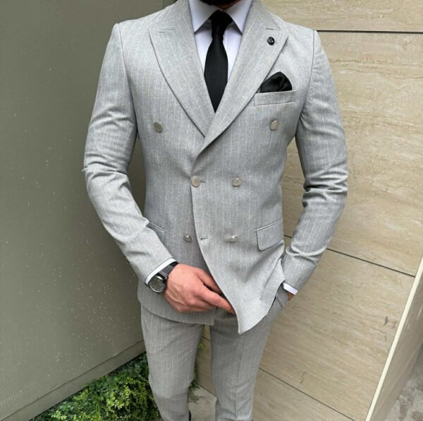 Men’s Light Grey Pinstripe Double-Breasted Suit Set