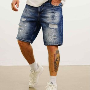 Men’s Distressed Denim Shorts – Mid-Wash Blue